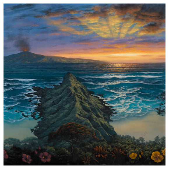 A matted art print of a tropical seascape with a volcano erupting on a distant island by Hawaii artist Walfrido Garcia