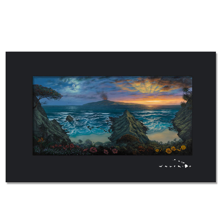 A matted art print of a tropical seascape with a volcano erupting on a distant island by Hawaii artist Walfrido Garcia