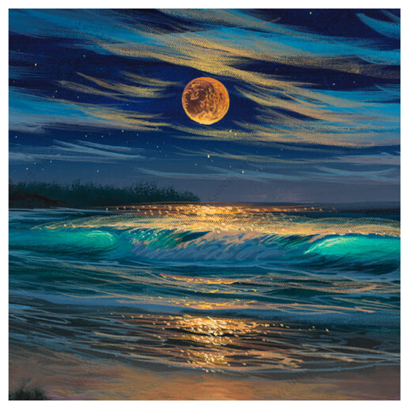 A matted art print of a romantic night view of the ocean with a full moon, star-filled sky, and tiki torches by Hawaii artist Walfrido Garcia
