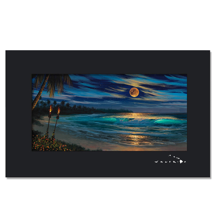 A matted art print of a romantic night view of the ocean with a full moon, star-filled sky, and tiki torches by Hawaii artist Walfrido Garcia