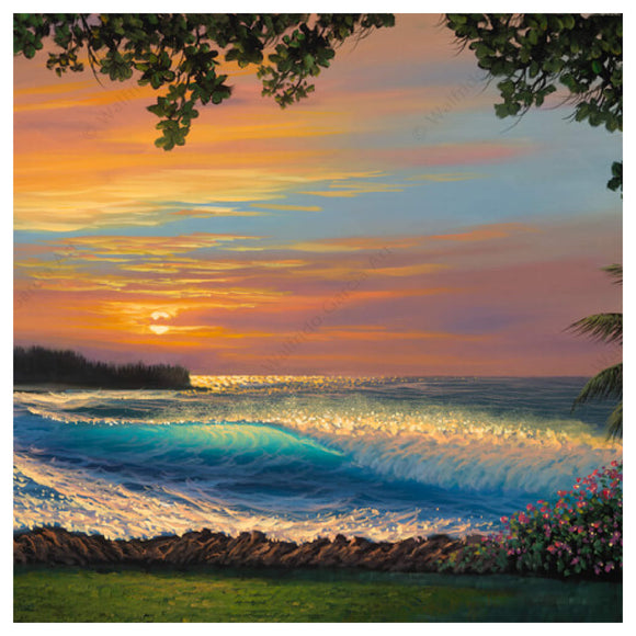 A matted art print of a beautiful view of the tropical scenery at Turtle Bay Resort on the island of Oahu by Hawaii artist Walfrido Garcia