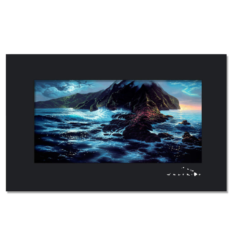 A matted art print of a churning ocean  with a tropical island rising up in the distance by Hawaii artist Walfrido Garcia