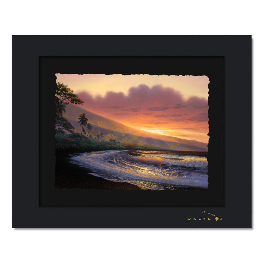 A watercolor paper print of the tropical landscape of the island of Maui as seen at sunset by Hawaii artist Walfrido Garcia