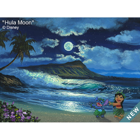 Hula Moon by Hawaii Artist Walfrido featuring the famous Disney duo, Lilo and Stitch, practicing their hula dance in front of the iconic Diamond Head Crater.