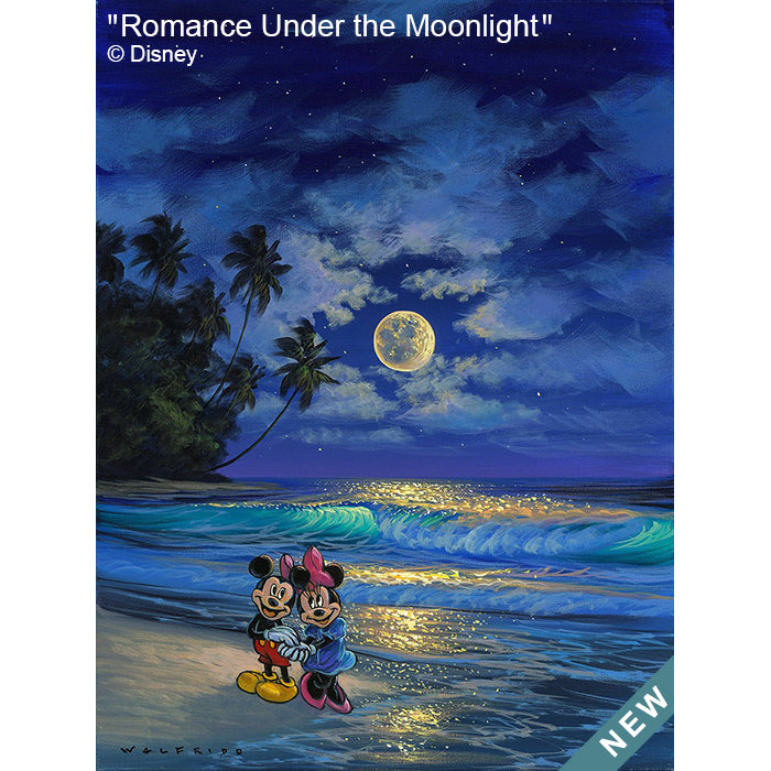 Romance Under the Moonlight by Hawaii Artist Walfrido featuring the famous Disney couple, Mickey and Minnie Mouse, sharing a romantic stroll on the beach watching the waves roll in.
