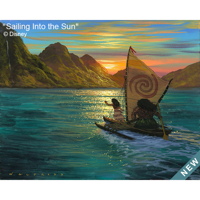 Sailing Into the Sun by Hawaii Artist Walfrido featuring the famous Disney characters, Moana and Maui, sailing across the ocean towards a distant shore with the sun rising behind the mountains.