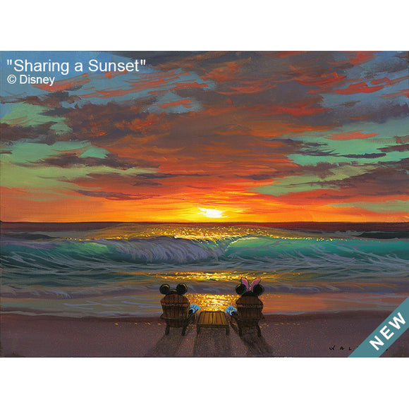 Sharing a Sunset by Hawaii Artist Walfrido featuring the famous Disney couple, Mickey and Minnie Mouse, sitting on a sandy beach, watching the sun set over the ocean.