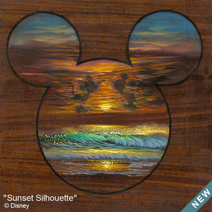 Sunset Silhouette by Hawaii Artist Walfrido featuring a tropical seascape framed within the silhouette of Mickey Mouse on a wood grain surface.