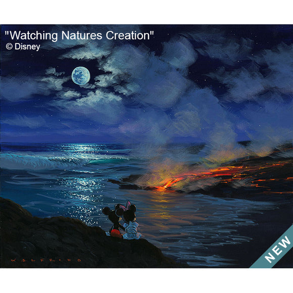 Watching Natures Creation by Hawaii Artist Walfrido featuring the famous Disney couple, Mickey and Minnie Mouse, watching a lava flow at night with a full moon up above.