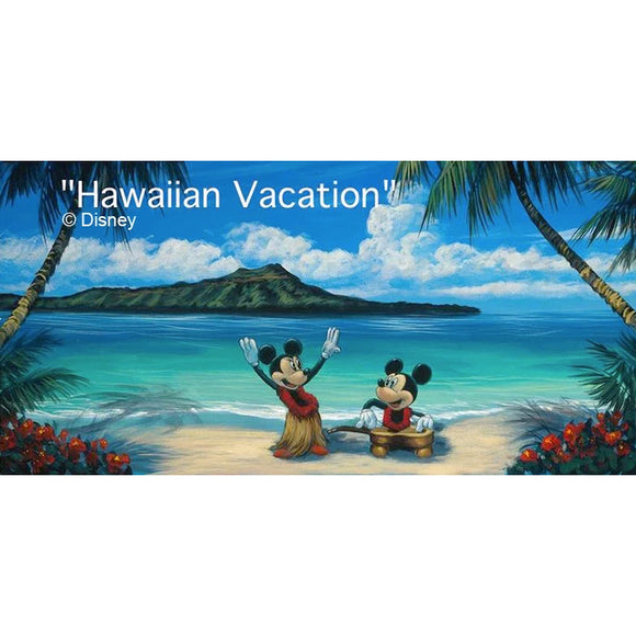 Retired Limited Edition Canvas Giclée by Tropical Hawaii Artist Walfrido featuring the famous Disney couple, Mickey and Minnie Mouse on a tropical vacation in Hawaii.