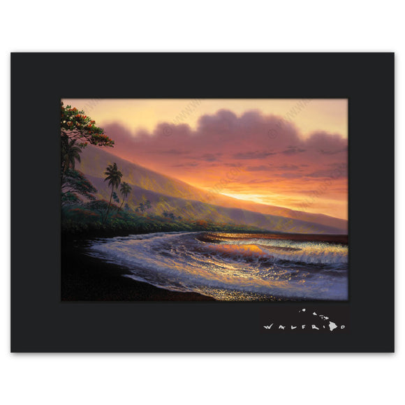 Warmth of the Sun - Open Edition Matted artwork by Tropical Hawaii Artist Walfrido featuring a classic view of the tropical landscape of the island of Maui as seen at sunset.