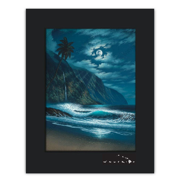 Open Edition Matted artwork by Tropical Hawaii Artist Walfrido featuring the moons rays shining down upon the waves off the coast of Kauai.