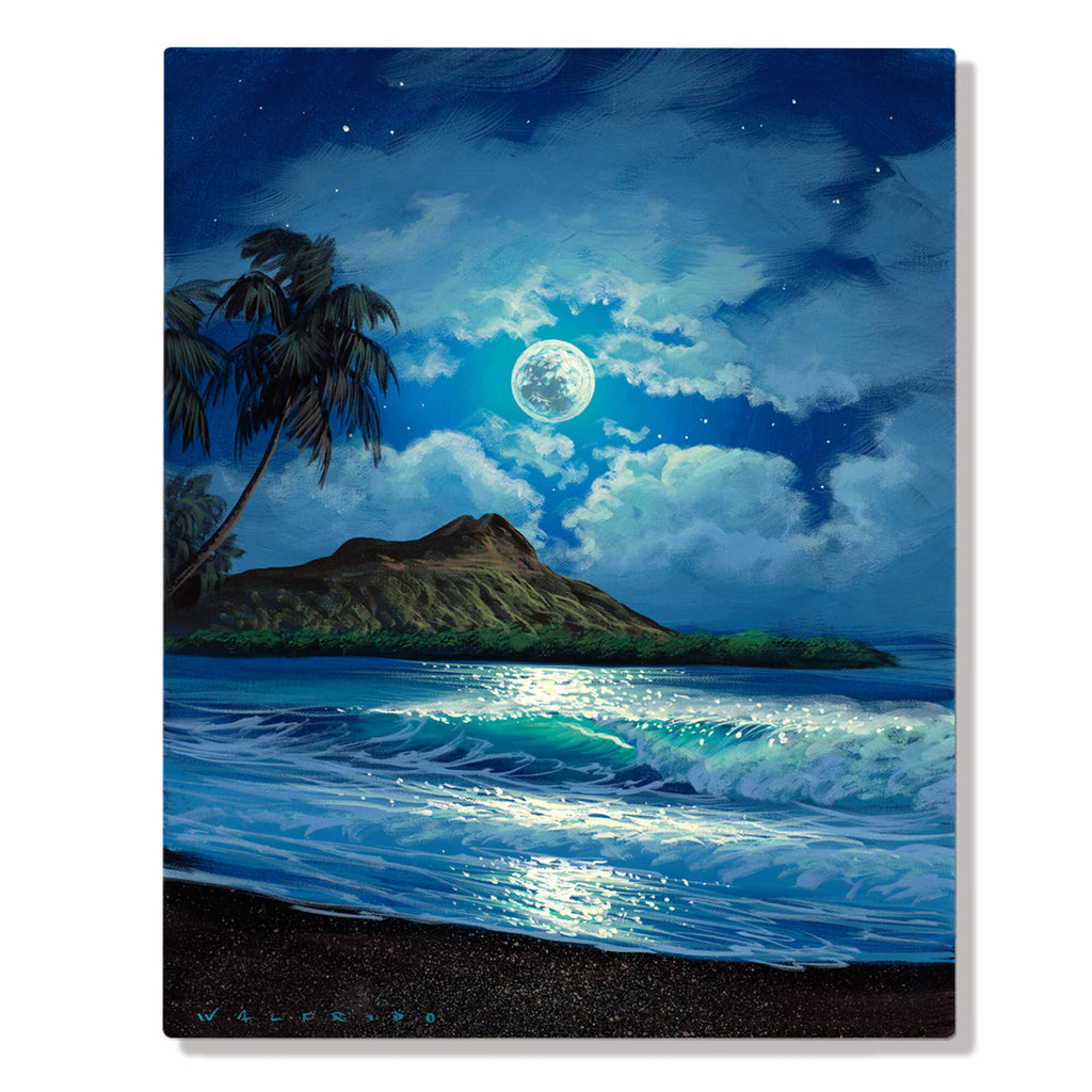 Moon shines over Diamond Head as the waves roll over the sand by Hawaii artist Walfrido Garcia