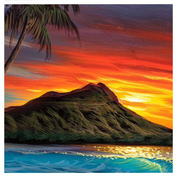 Sun rises behind Diamond head with colorful sky and teal-hued waves by Hawaii artist Walfrido Garcia