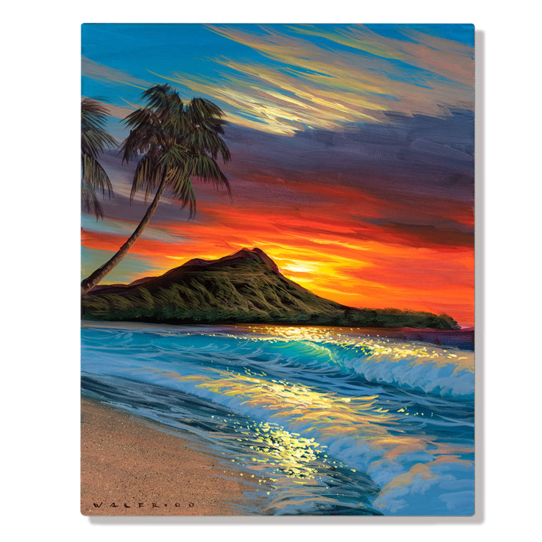 Sunrise seascape with teal-hued crashing waves by Hawaii artist Walfrido Garcia