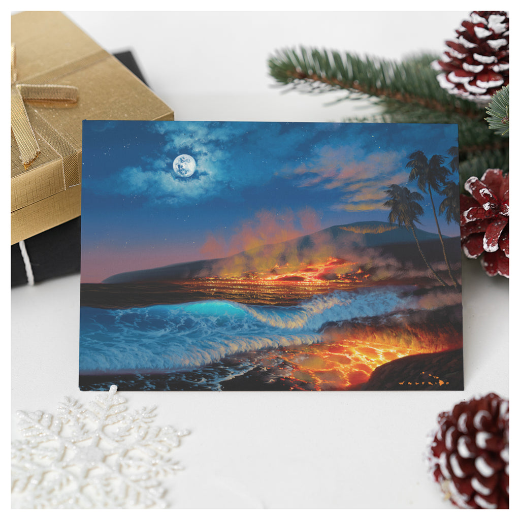 A greeting card that features a night view of lava flowing into the ocean, and steam rising into the air by Hawaii artist Walfrido Garcia