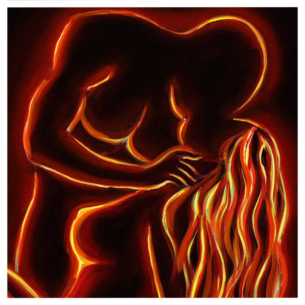 A painting of a couple with fire-like colors by Hawaii artist Walfrido Garcia