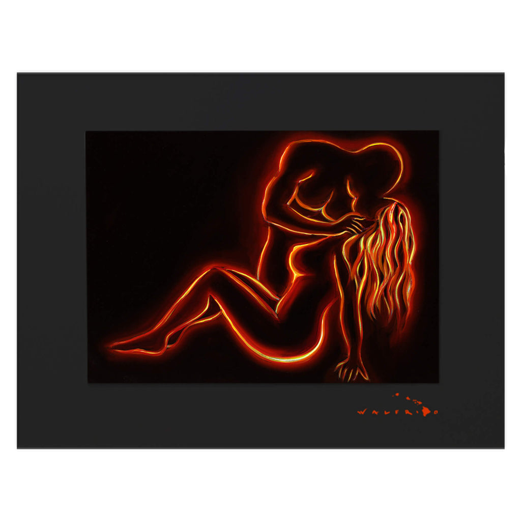 A matted art print of a couple's silhouette with vibrant red, yellow and orange colors similar to flowing lava by Hawaii artist Walfrido Garcia