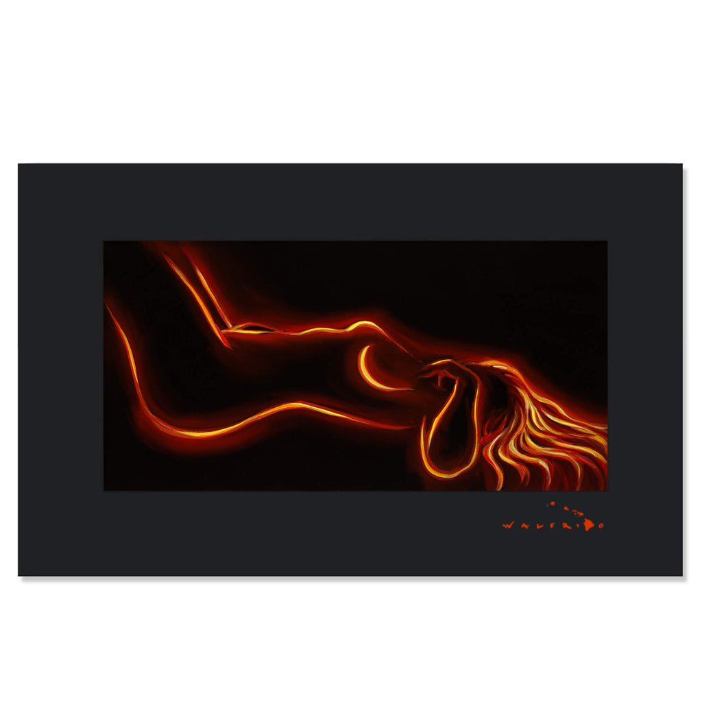 A matted art print of a woman's silhouette lying down with yellow, red and orange colors by Hawaii artist Walfrido Garcia 