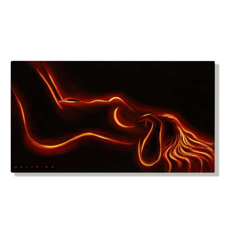 A woman's silhouette lying down with fiery colors by Hawaii artist Walfrido Garcia