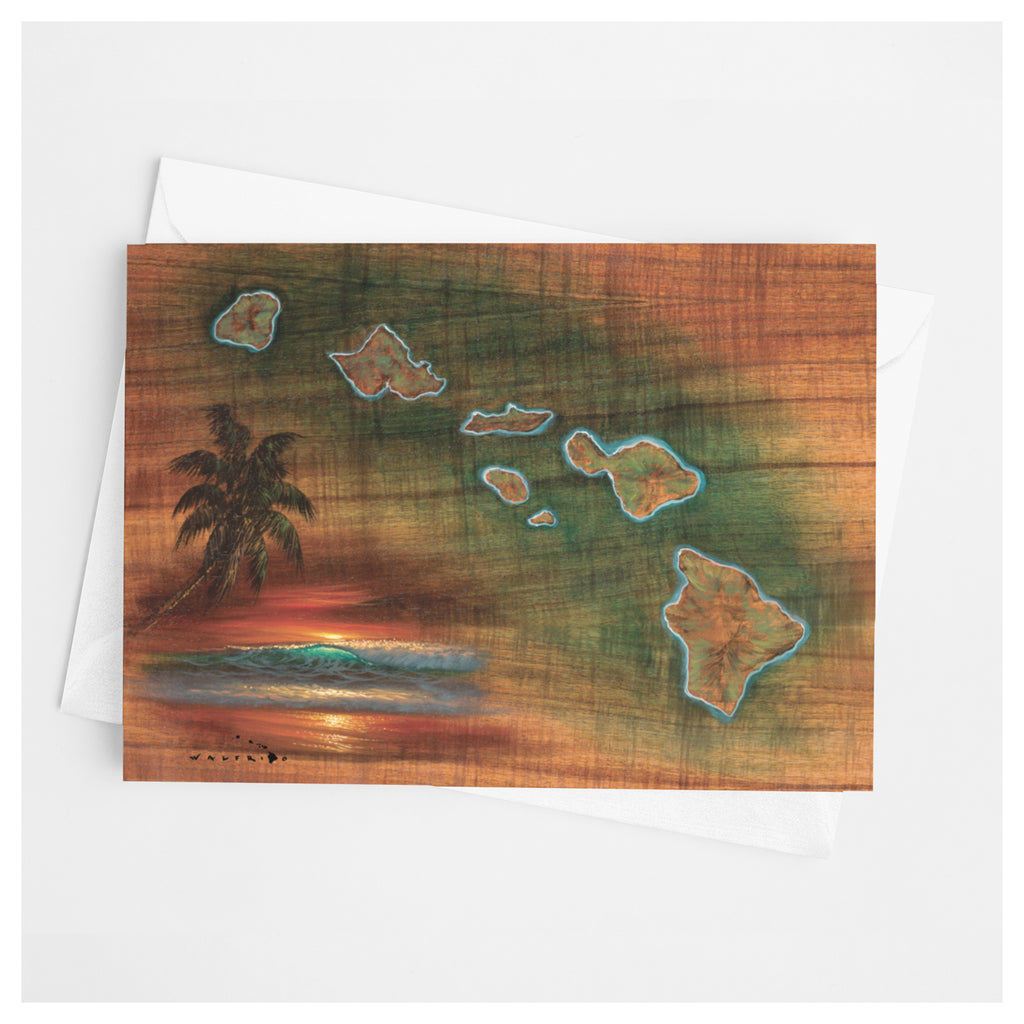 A greeting card that features a map of the Hawaiian Islands with a Koa wood grain texture by Hawaii artist Walfrido Garcia
