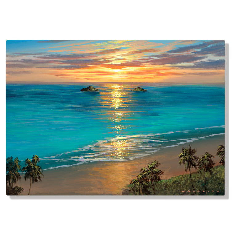 A metal art print depicting the sun rising behind the Mokolua Islands just off the coast of eastern Oahu's Lanikai Beach by Hawaii artist Walfrido Garcia