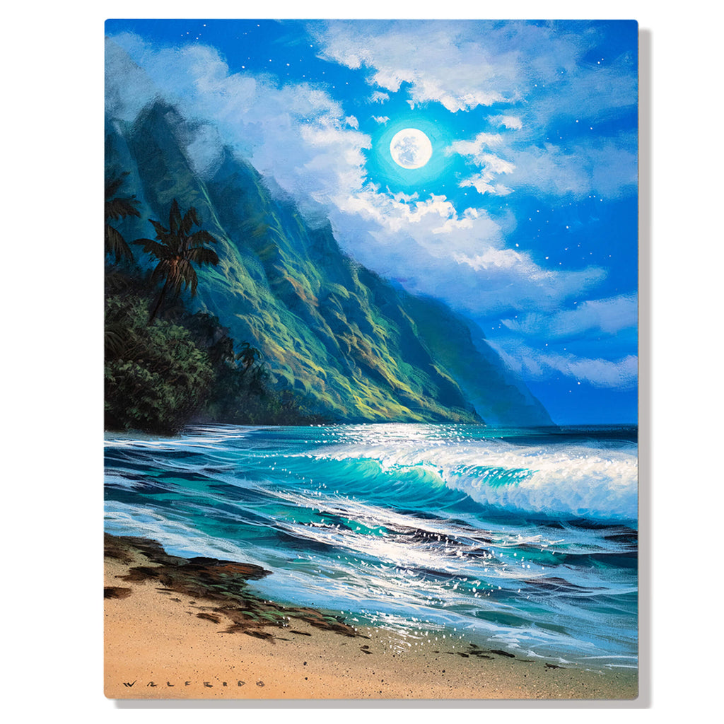 A metal art print depicting a moonlit seascape surrounded by dramatic mountains by Hawaii artist Walfrido Garcia