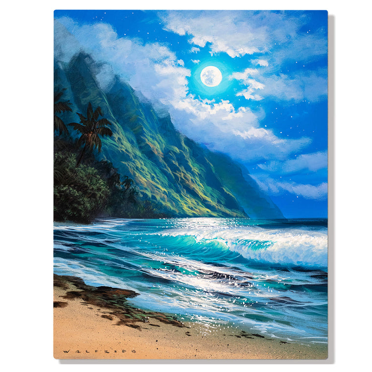 A metal art print depicting a moonlit seascape surrounded by dramatic mountains by Hawaii artist Walfrido Garcia