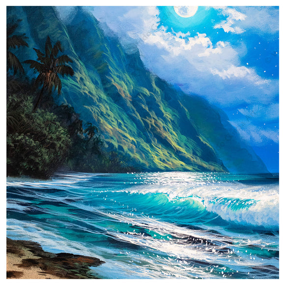 A matted art print depicting a moonlit seascape surrounded by dramatic mountains by Hawaii artist Walfrido Garcia