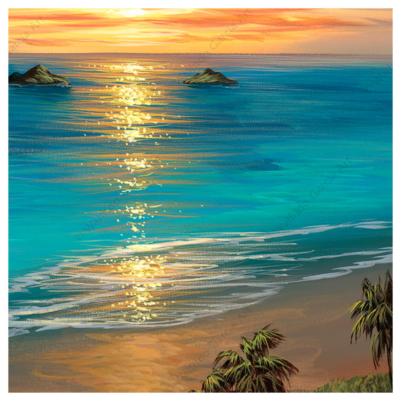 A matted art print depicting the sun rising behind the Mokolua Islands just off the coast of eastern Oahu's Lanikai Beach by Hawaii artist Walfrido Garcia