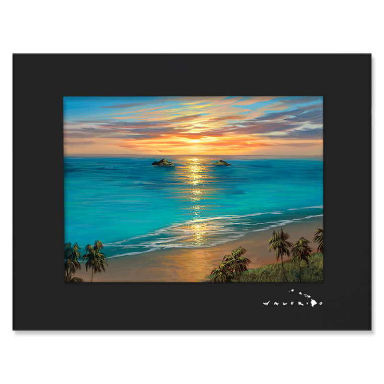 A matted art print depicting the sun rising behind the Mokolua Islands just off the coast of eastern Oahu's Lanikai Beach by Hawaii artist Walfrido Garcia